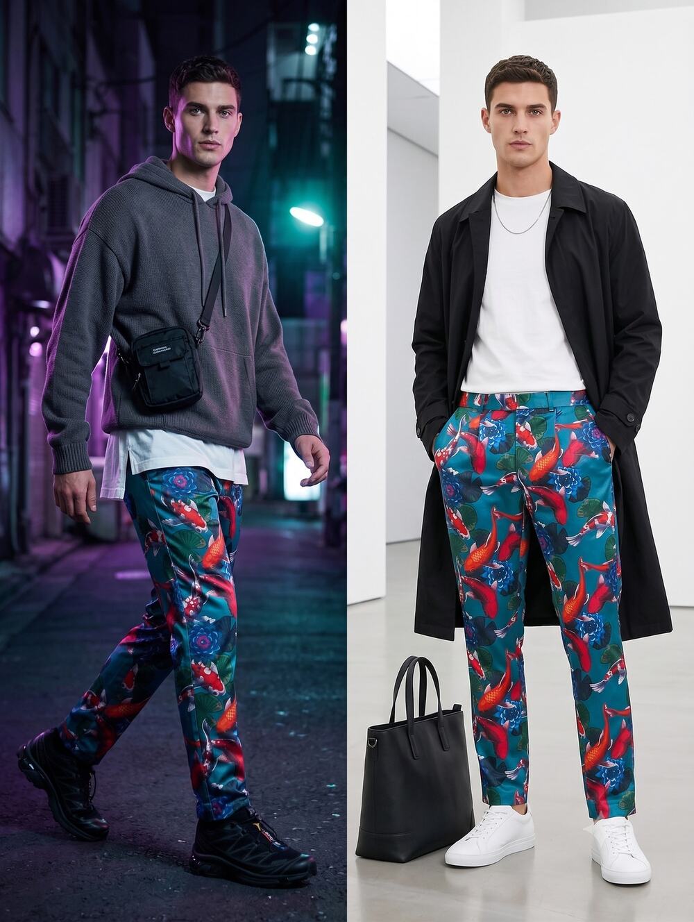 ASOS Koi Print Satin Trousers Blue Red Water Lily Pants Pleated 34 Maximalist